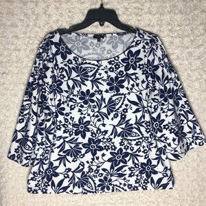 Talbots Blue and White Floral Blouse with‎ Pin-Tucks on the Sleeves Women's XLp